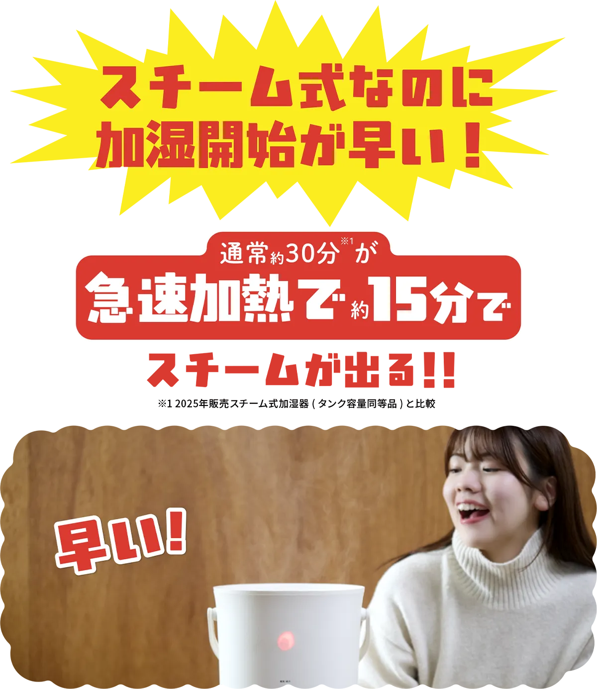 スチーム式なのに加湿時間が早い！